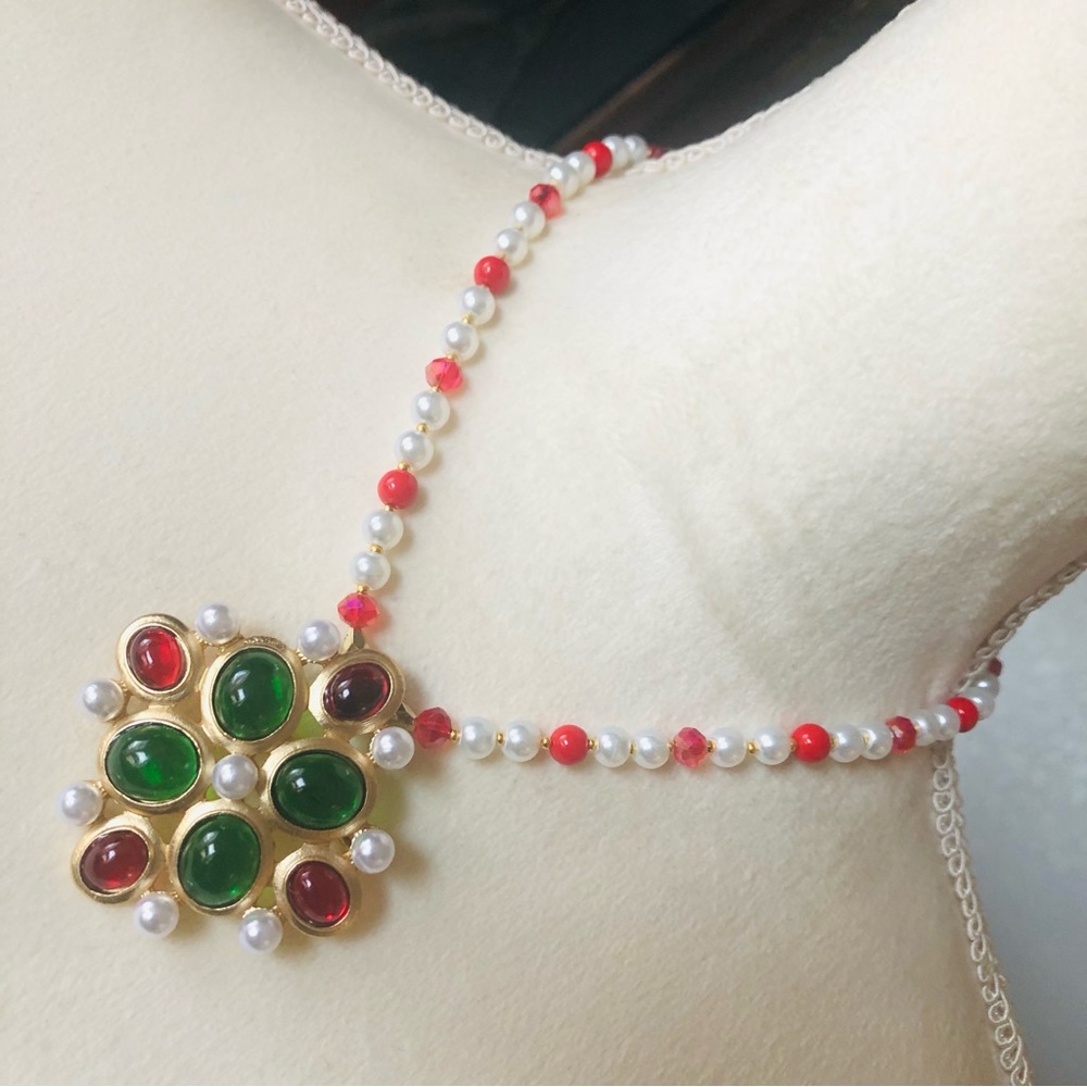 Handcrafted repurpose cabochon glass stone pendant Czech glass Pearl necklace